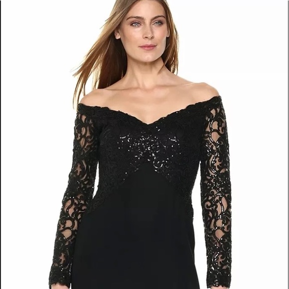 Tadashi Shoj Black Off Shoulder Sequin Lace Gown